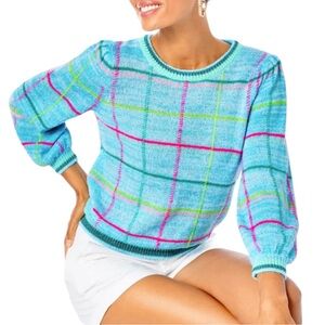 LN Lilly Pulitzer Hali Seabreeze Blue Playful Plaid Pullover Sweater - L